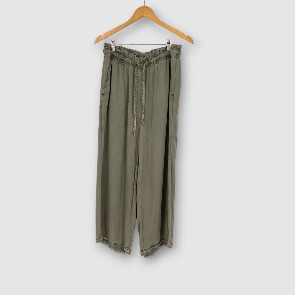 C&C California Wide Leg Drawstring Pants Olive Green Frayed Hem M